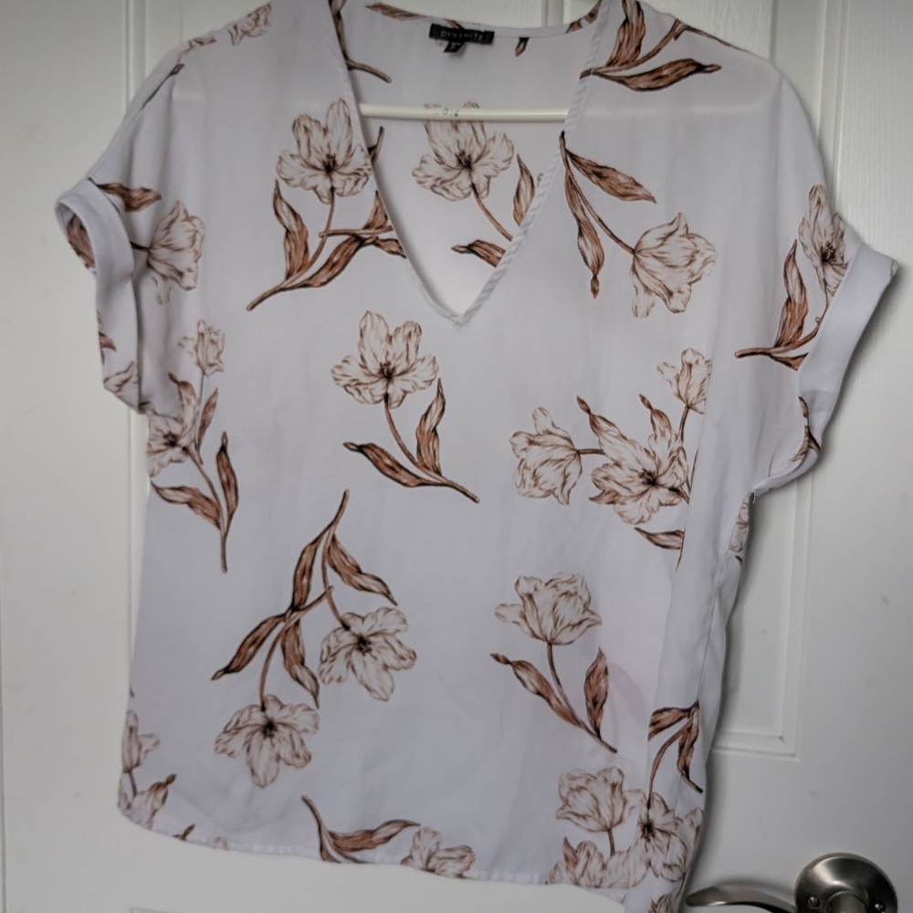 Dynamite Floral V-Neck Blouse - White and Brown